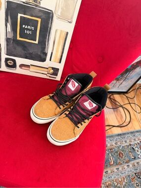 Vans Men’s Tan Suede High-Top Sneakers with Burgundy Tongue
